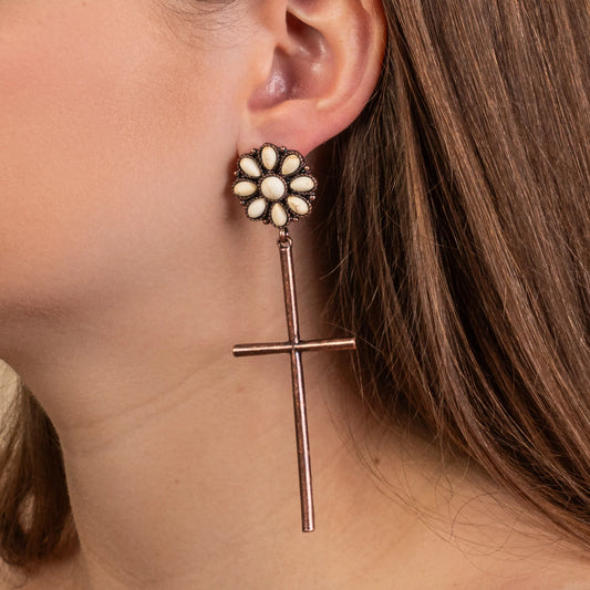 Squash Blossom Cross Earrings - Ivory & Copper