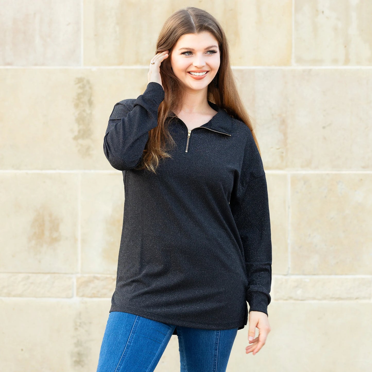 Sparkly Half-Zip Pullover - Black