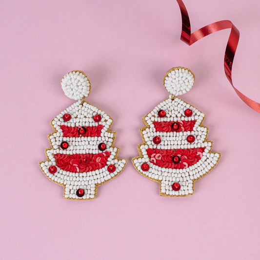 Beaded Christmas Tree Earrings - Red & White