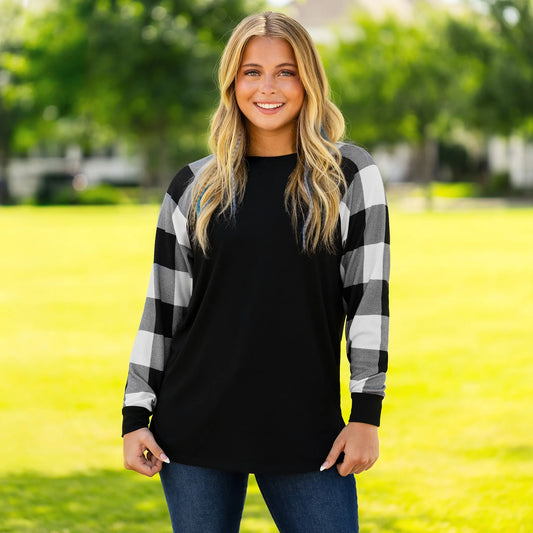 Plaid Long Sleeve Top - Black