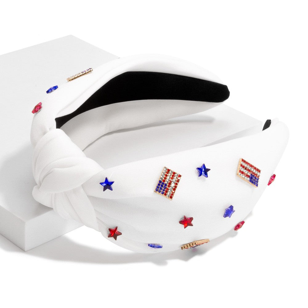 Satin Headband With Top Knot With Americana Charms - White