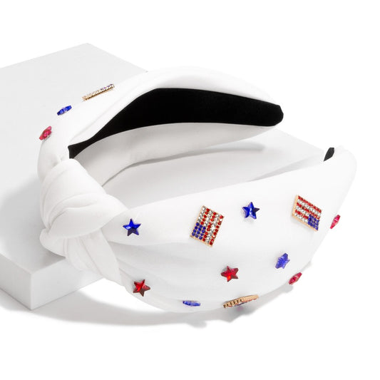 Satin Headband With Top Knot With Americana Charms - White