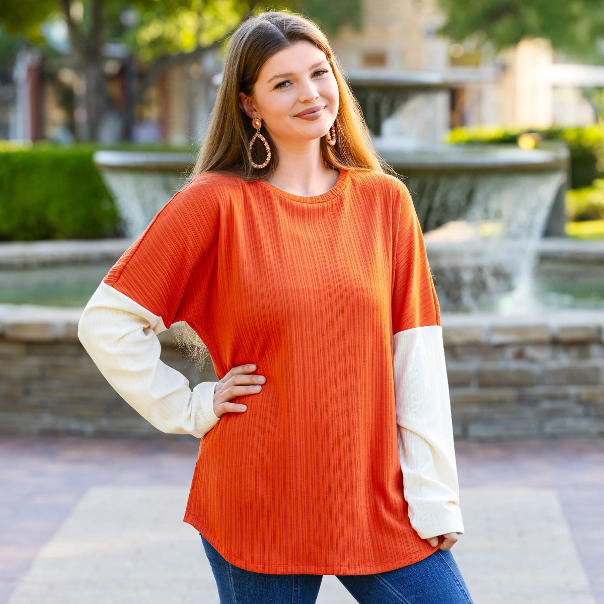 Sunshine & Rodeo Ribbed Color Block Long Sleeve Top - Orange