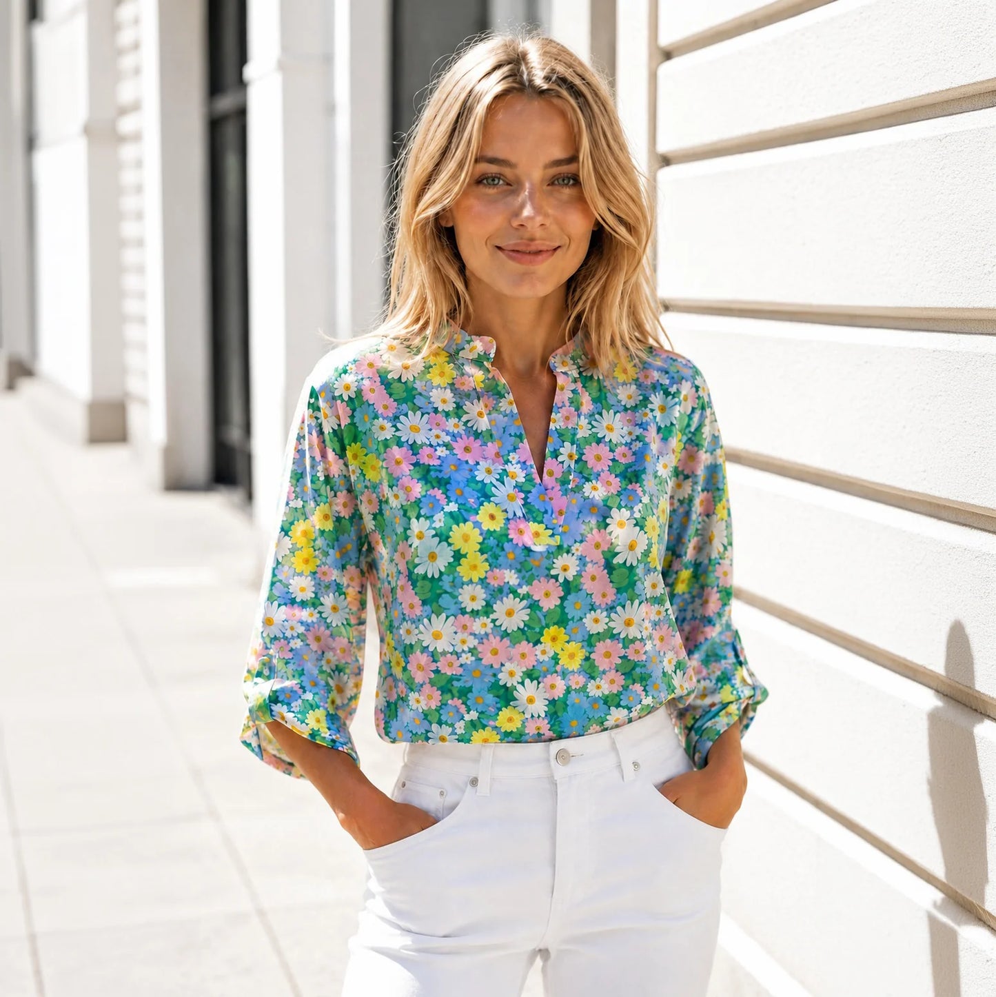 Daisy Floral V-Neck top with 3/4 Sleeves