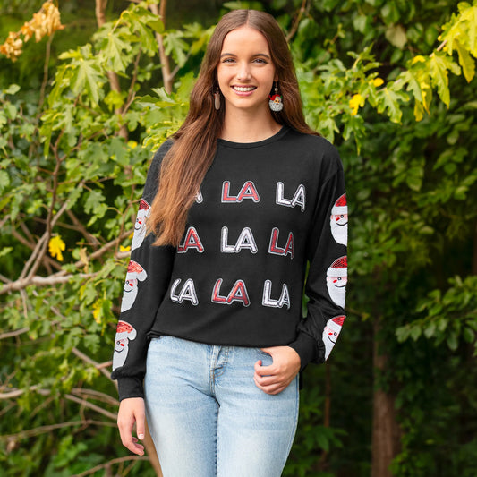 Christmas FA LA LA Sequined Santa Claus Long Sleeve Top