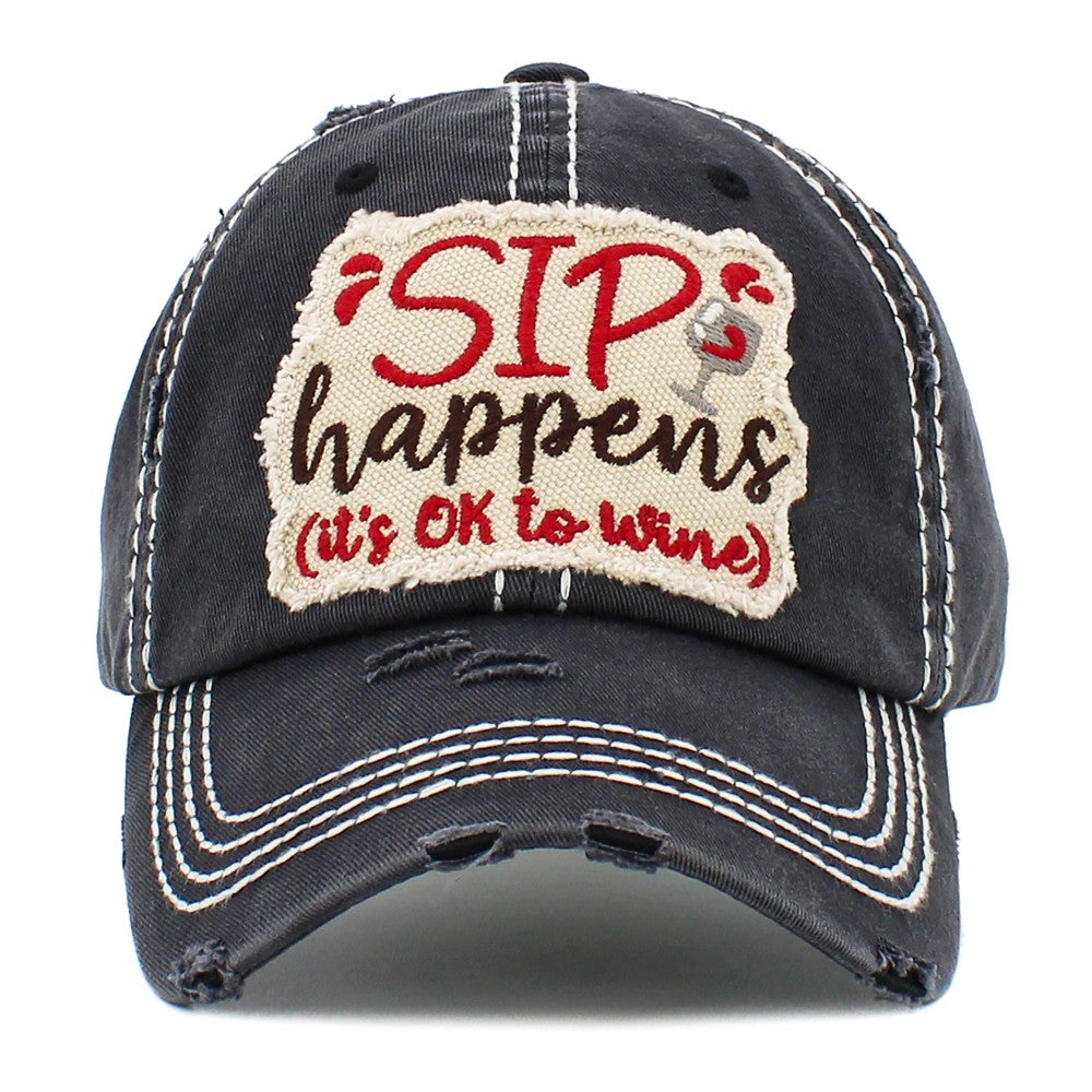 Vintage Distressed Sip Happens Patch Baseball Cap.
