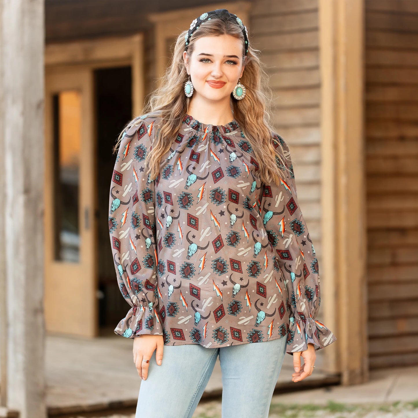 Sunshine & Redeo Western Print Ruffle Long Sleeve Top