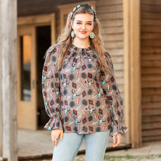 Sunshine & Redeo Western Print Ruffle Long Sleeve Top