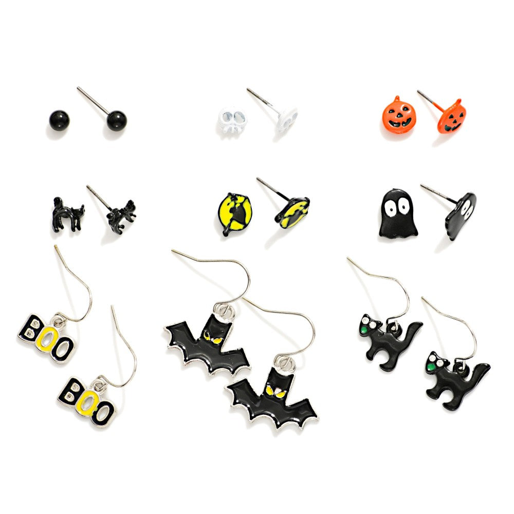 Set Of 6 Halloween Ball Stud & Drop Earrings - Bats