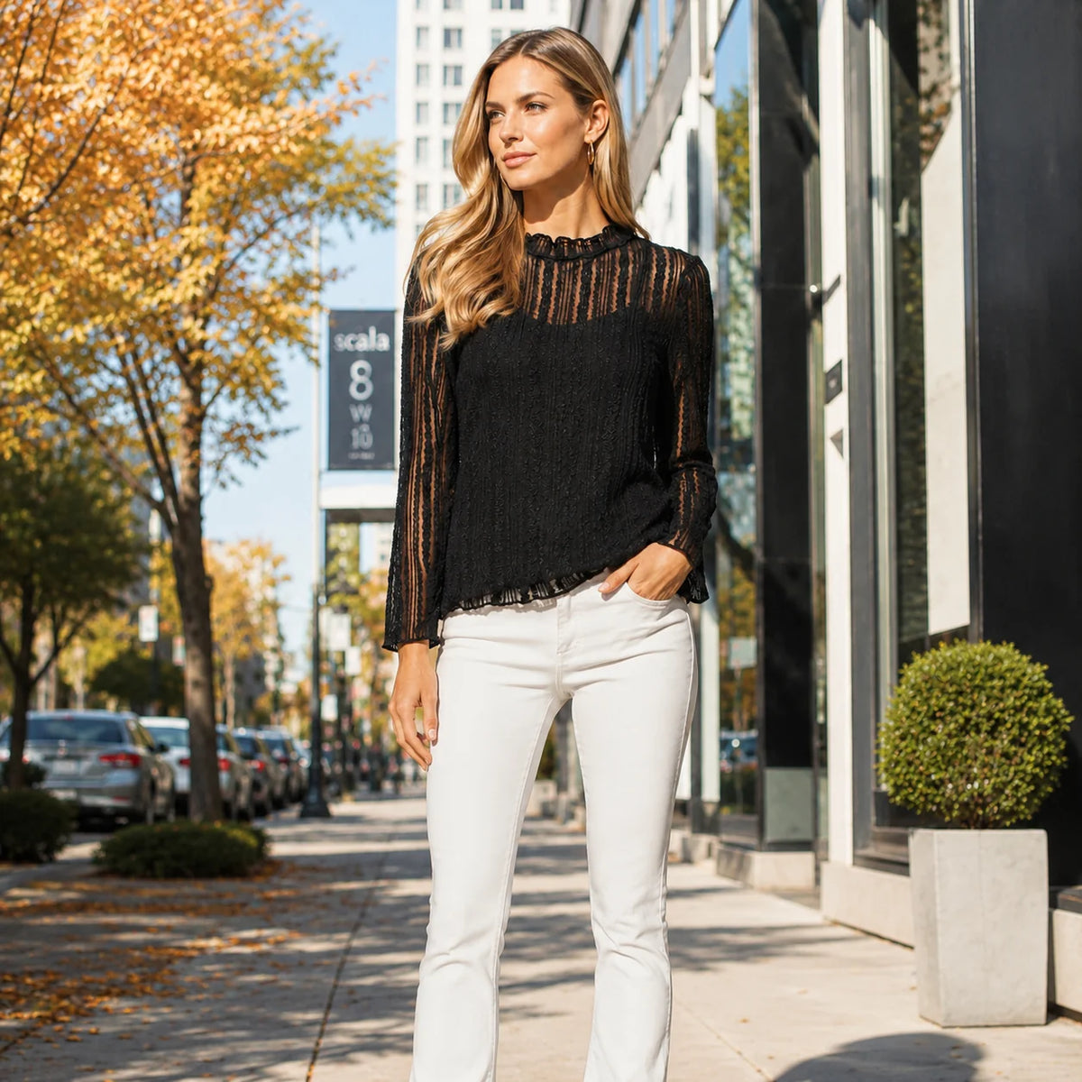 Sunshine & Rodeo Lace Mock Neck Long Sleeve Sheer Top - Black