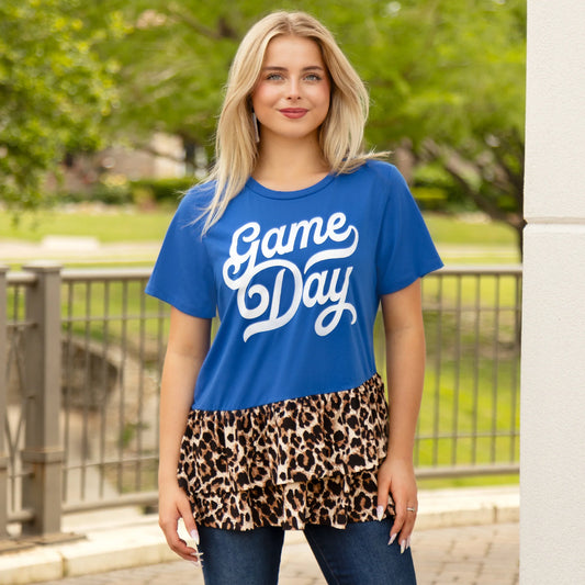 Sunshine & Redeo Game Day Ruffle Bottom Leopard Top - Royal Blue