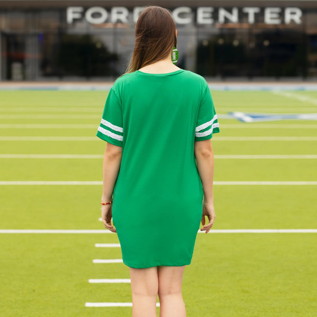 sunshine & Redeo Game Day Sequin T Shirt Dress with Pockets - Kelly Green