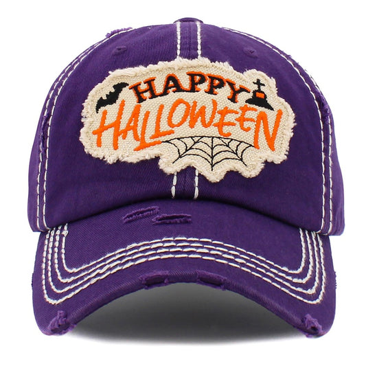 Vintage Distressed Happy Halloween Patch Baseball Cap -Purple