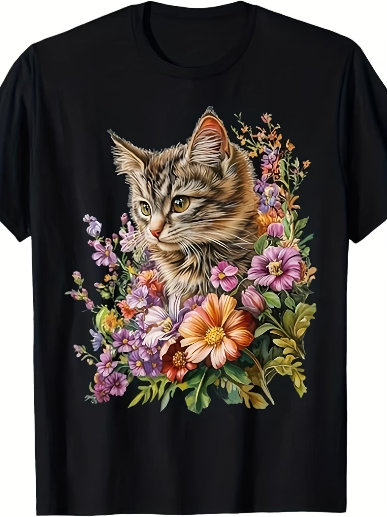 Unisex Floral Cat Vinyl Graphic T-Shirt