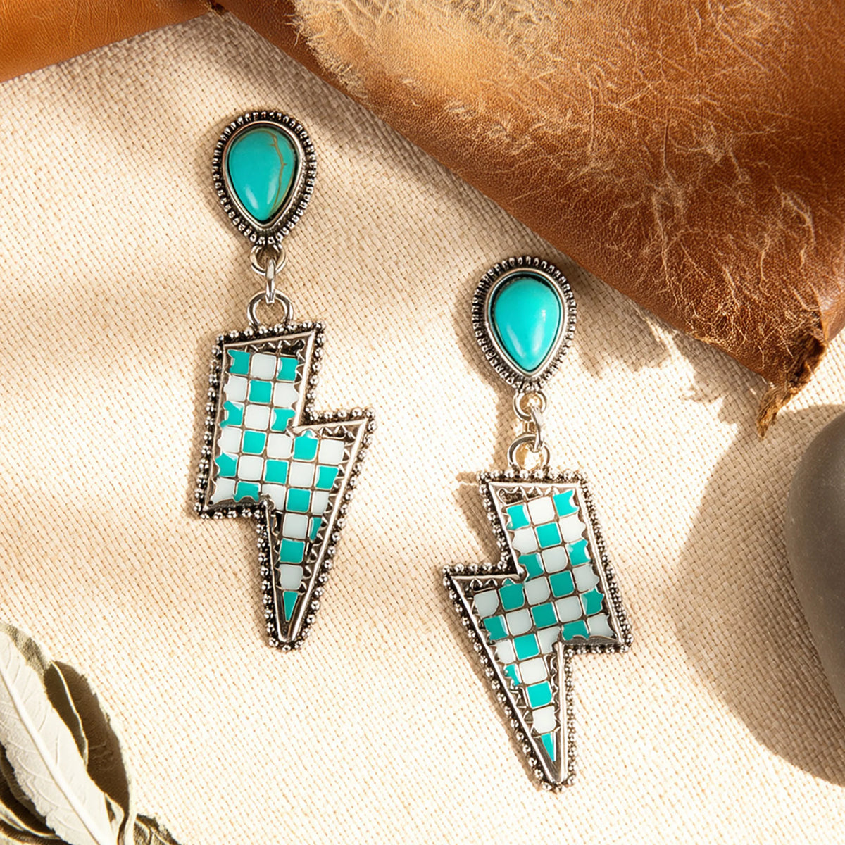 93670 - Checkered Lightning Bolt Earrings - Turquoise