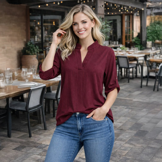 Burgundy Ribbed 3/4 Sleeve V-Neck Top