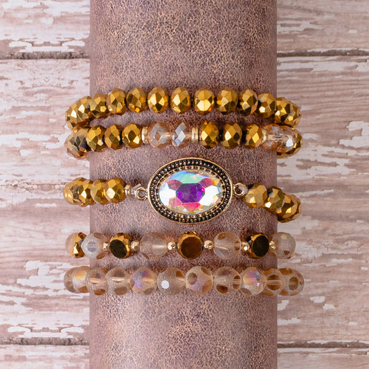 Crystal Beaded Stacked Bracelets - Gold
