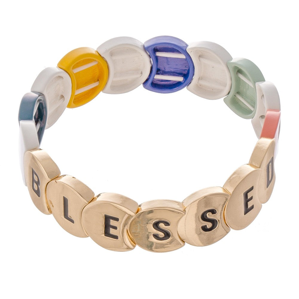 Gold Tone Enamel Coated "Blessed" Letter Color Block Stretch Bracelet.