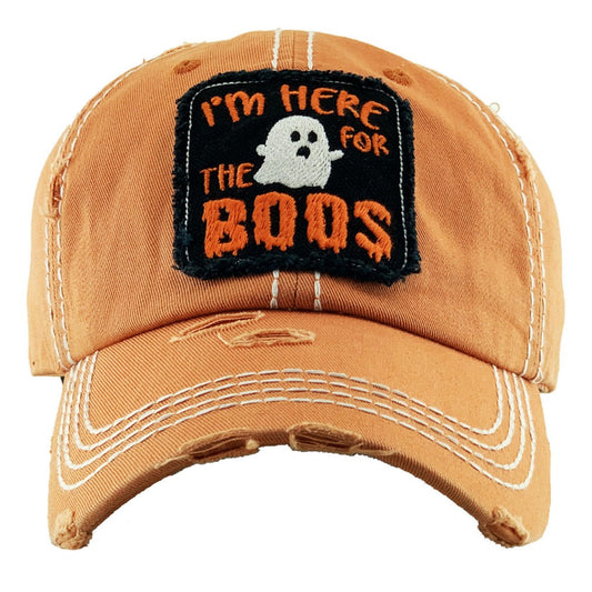 Vintage Distressed Halloween Baseball Cap Featuring I'm Here for the Boos Embroidered Detail.