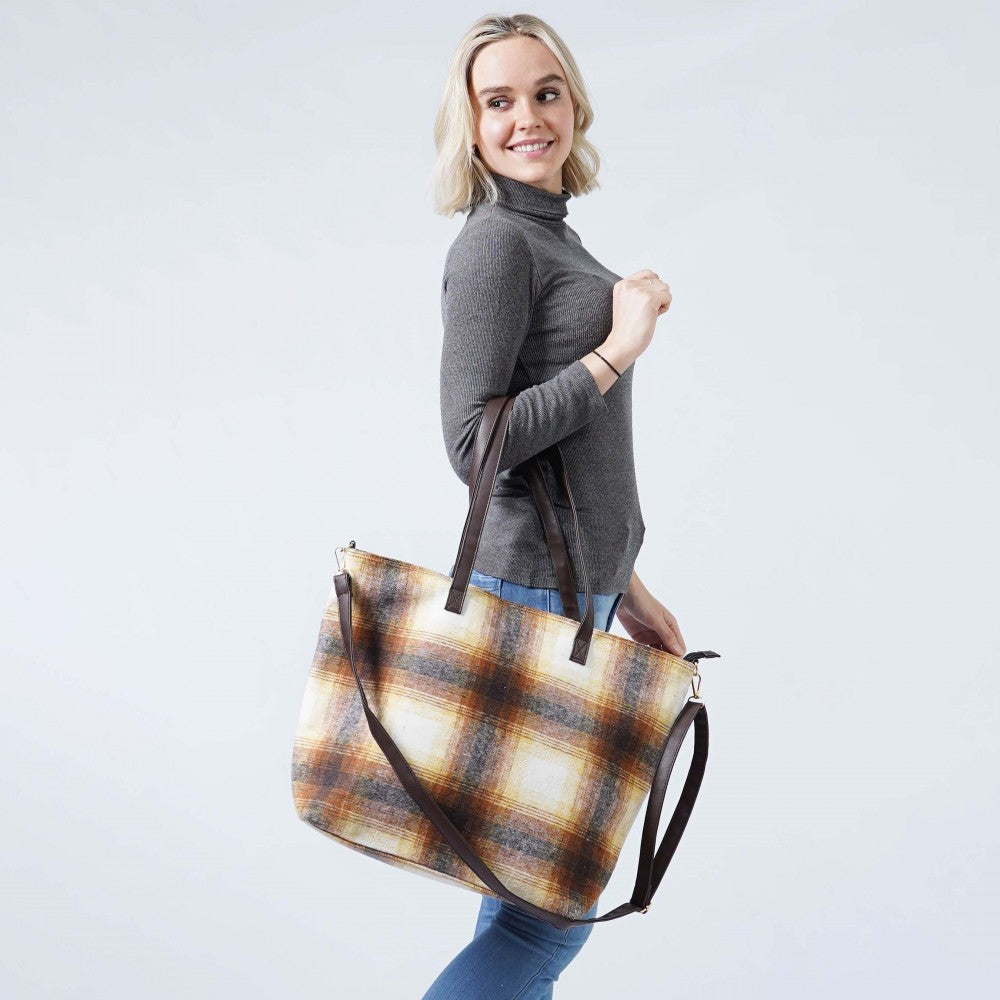 Plaid Flannel Tote Bag With Matching Wristlet Pouch