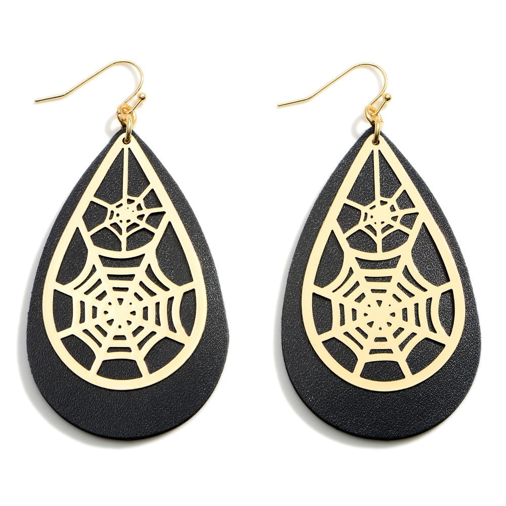 Halloween Leather Teardrop Earrings Featuring Spider Web Details.
