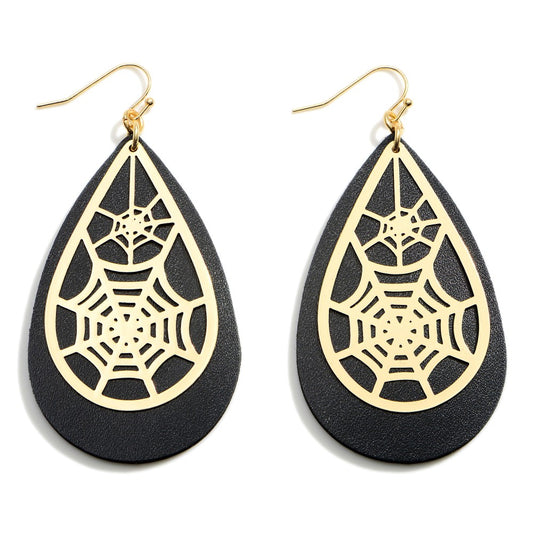 Halloween Leather Teardrop Earrings Featuring Spider Web Details.