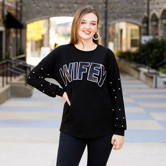 WIFEY Sequin Top with Pearl Sleeves