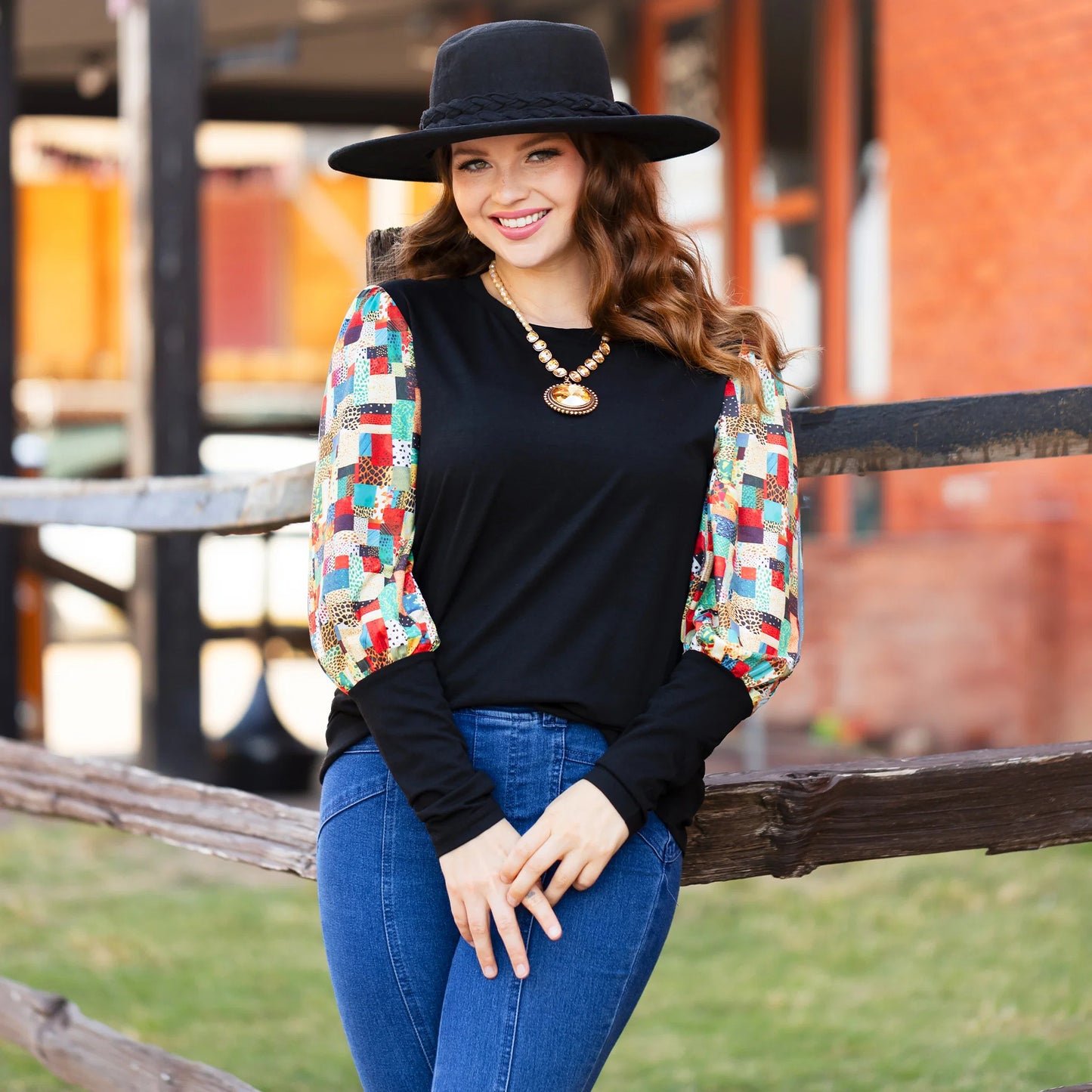 Sunshine & Redeo Leopard Patchwork Print Long Sleeve Top