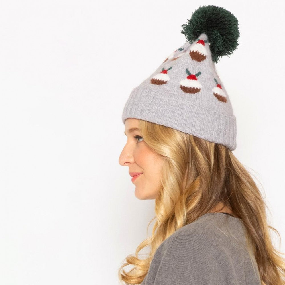 Knit Christmas Cupcake Beanie With Pom Grey