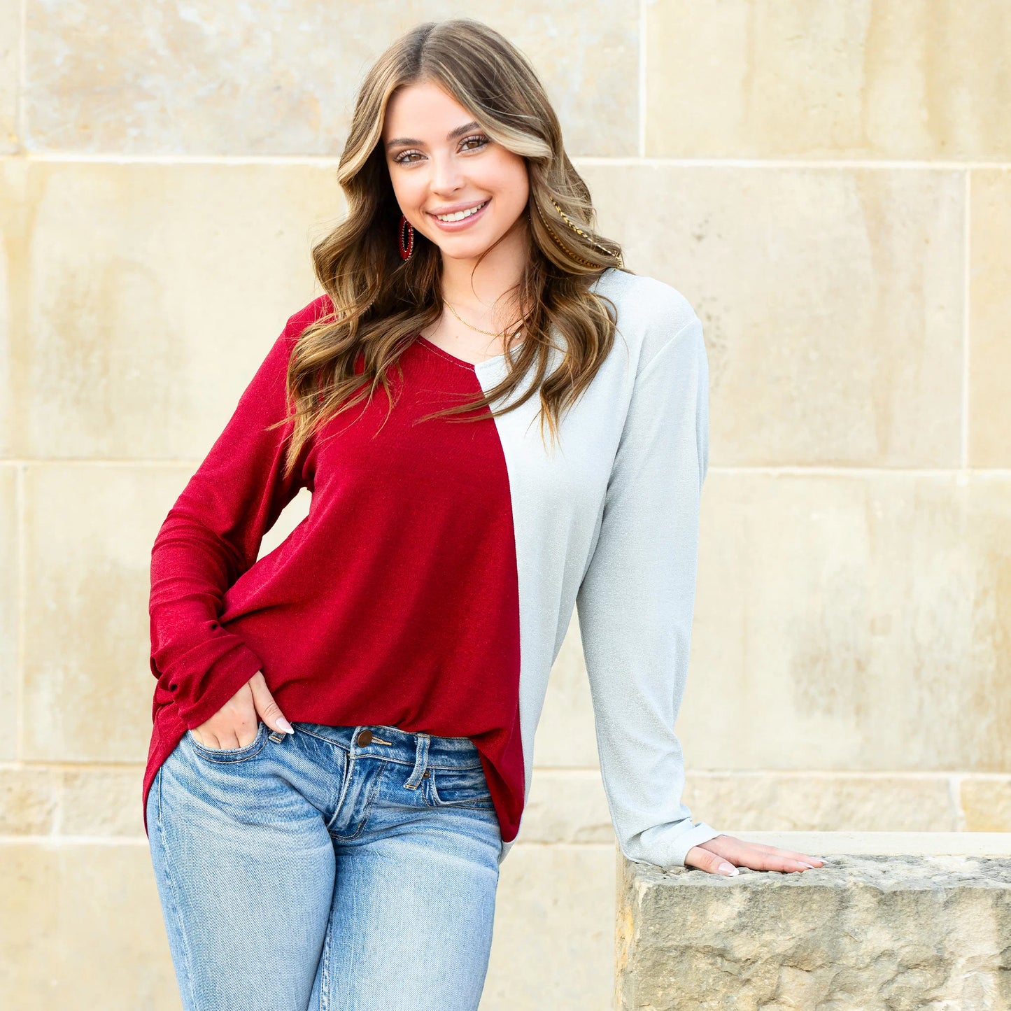 Sunshine & Redei V Neck Shimmer Color Block Top - Multi