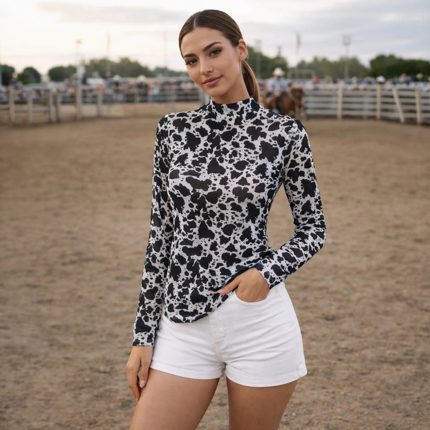 Black & White Cow Print Long Sleeve Mesh Top