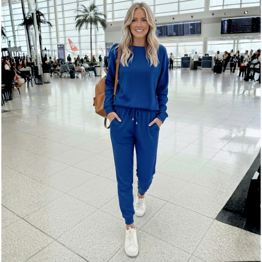 Solid Textured Top and Bottom Jogger Set - Royal Blue