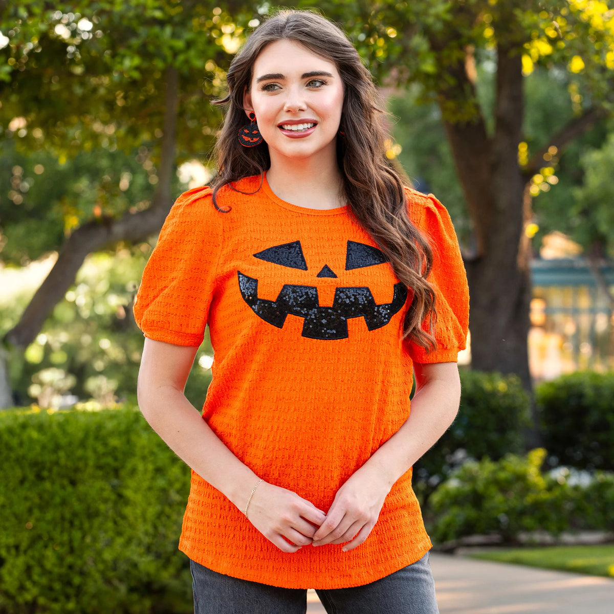 Sunshine & Rodeo Sequined Halloween Pumpkin Top with Puffed Sleeves