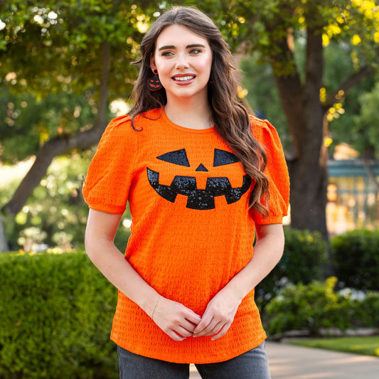 Sunshine & Rodeo Sequined Halloween Pumpkin Top with Puffed Sleeves