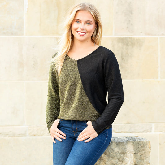 Sunshine & Redeo V Neck Shimmer Color Block Top - Black