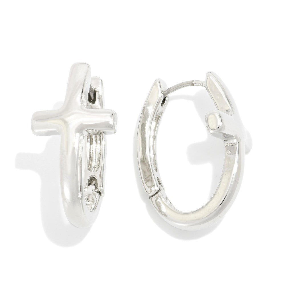 Metal Tone Oval Hoop Cross Earrings