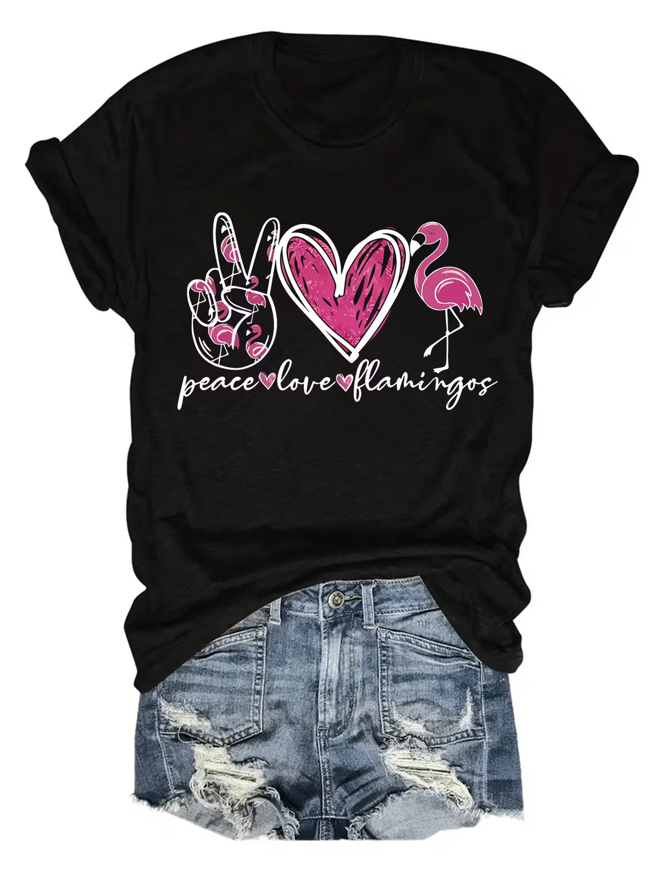 Women's Plus Peace Love Flamongo Vinyl Graffic T-Shirt
