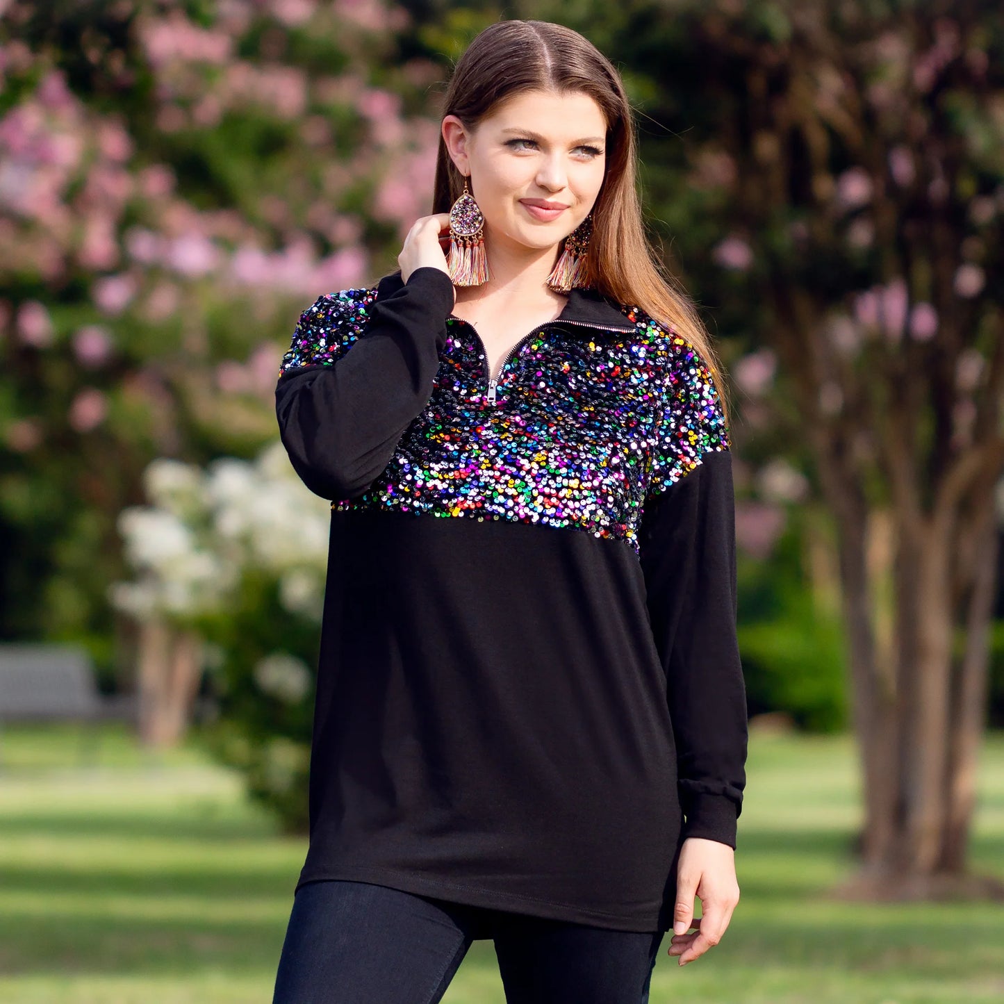 Sequin Pull Over with Zipper - Black