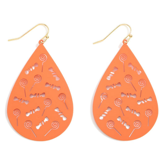 Halloween Metal Teardrop Earrings Featuring Candy Details - Orange