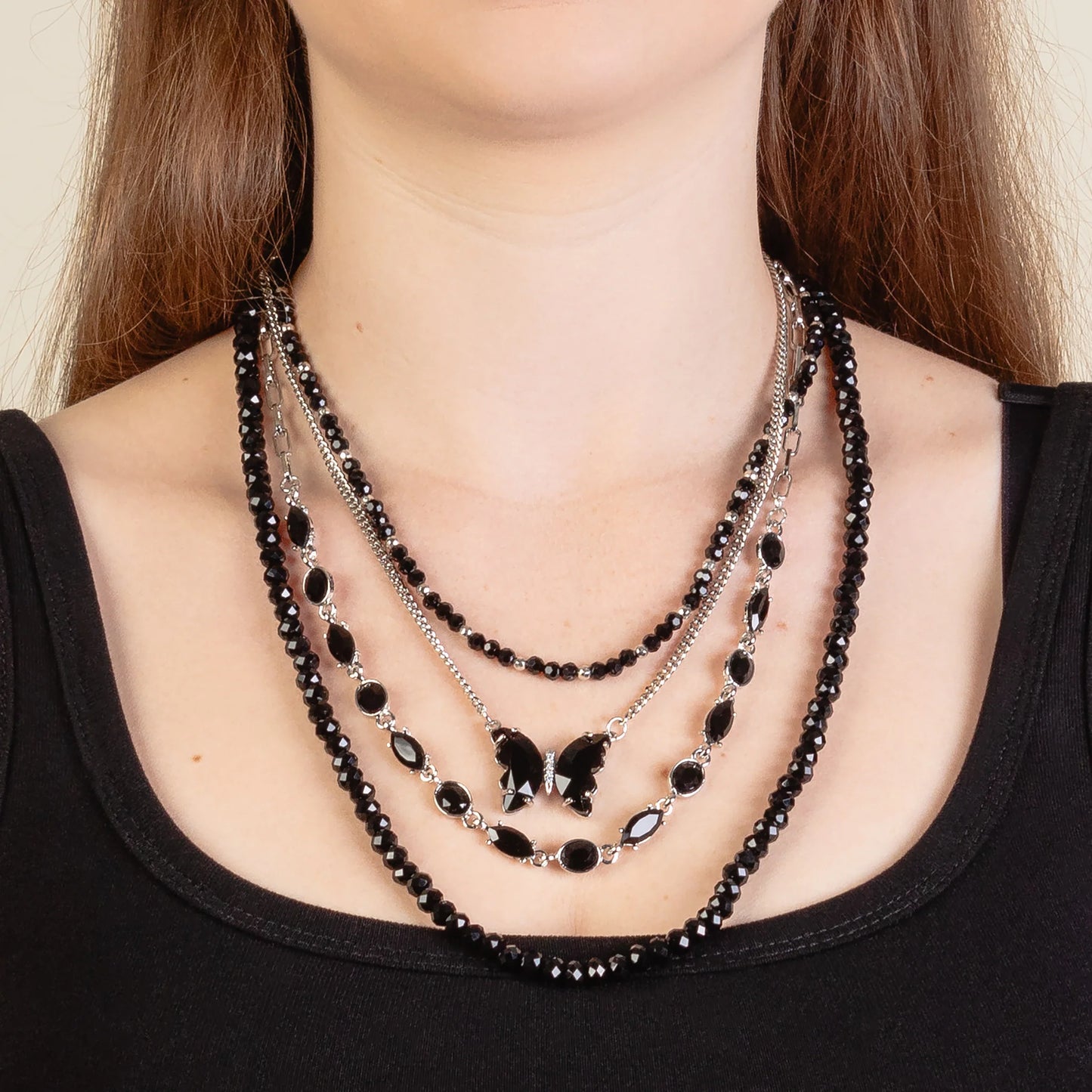 Layered Crystal Necklace - Black