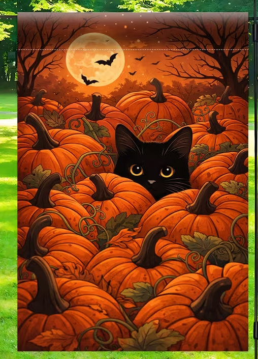 Cat in Pumpkin Patch Garden Flag