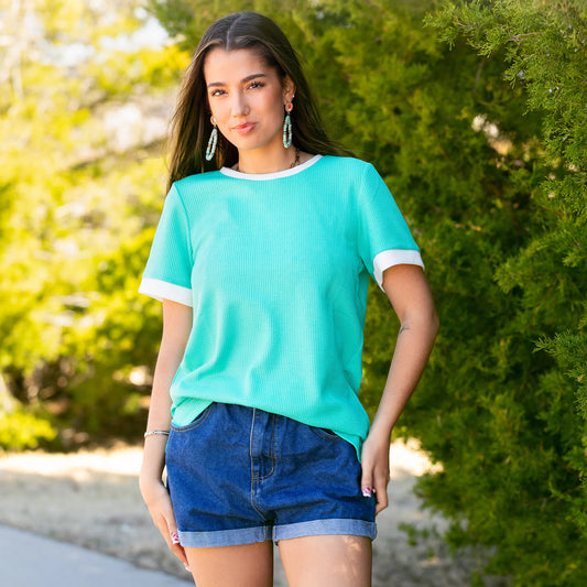 Sunshine & Rodeo Half Sleeve Waffle Knit Top