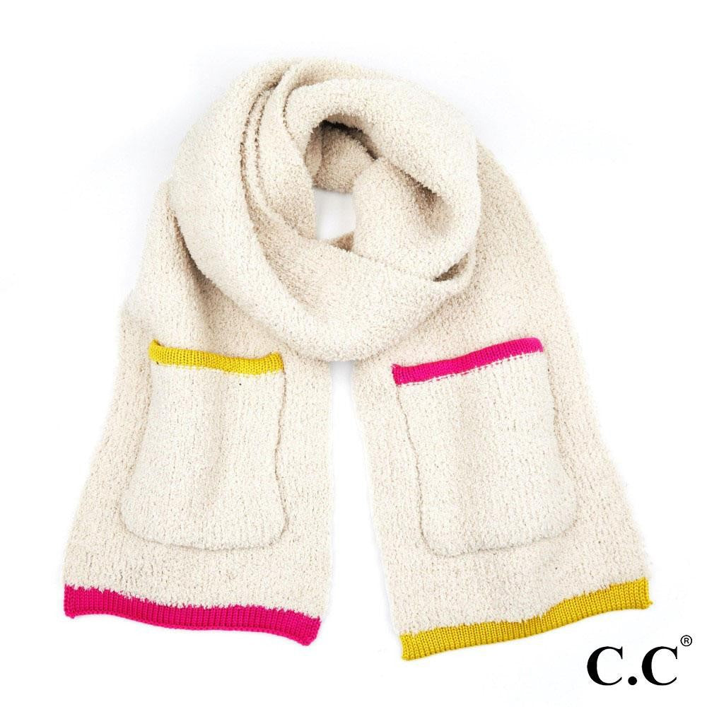 C.C Sherpa Yarn Knit Scarf Featuring Pockets & Color Trim.