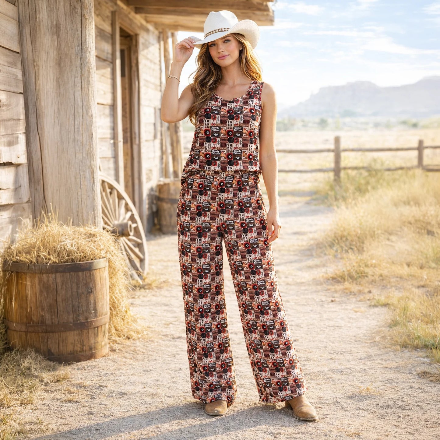 Western Collage Print Top and Wide Leg Pants Set with Pockets