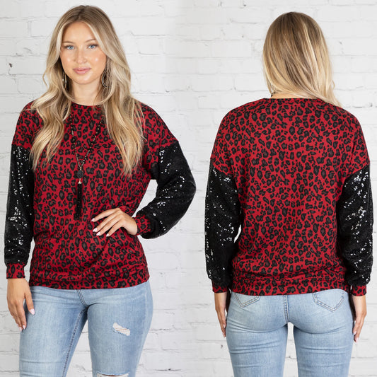 Leopard and Glitter Long Sleeve Top