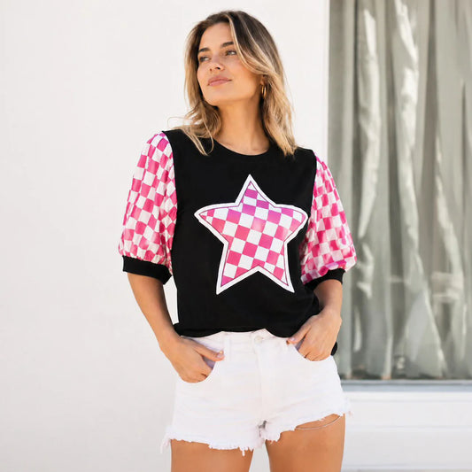 Pink & White Checkered Star Puff Sleeve Top