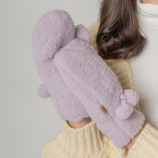 Fuzzy Lined Solid Color Mittens With Pom Bow Accents.