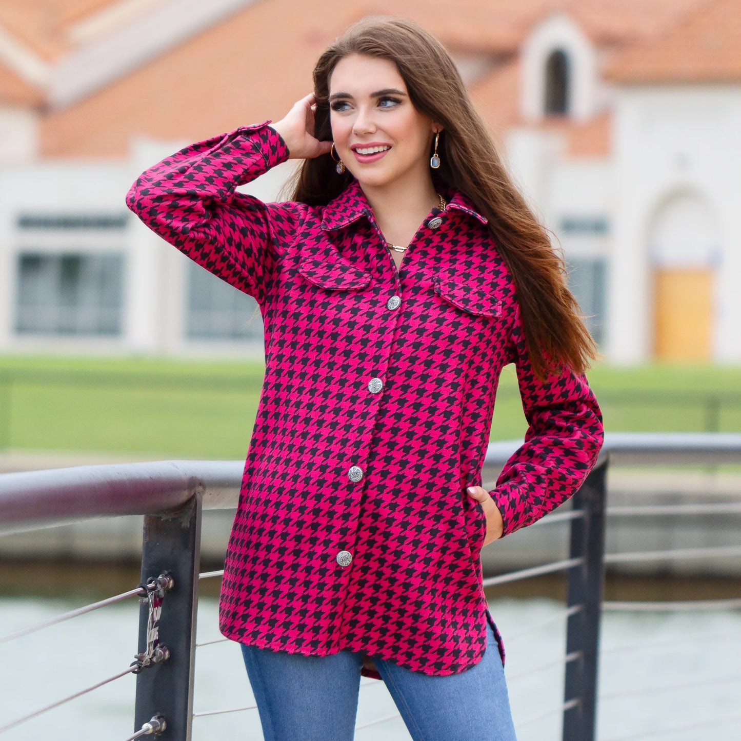 Houndstooth Pattern Shacket with Pockets - Pink