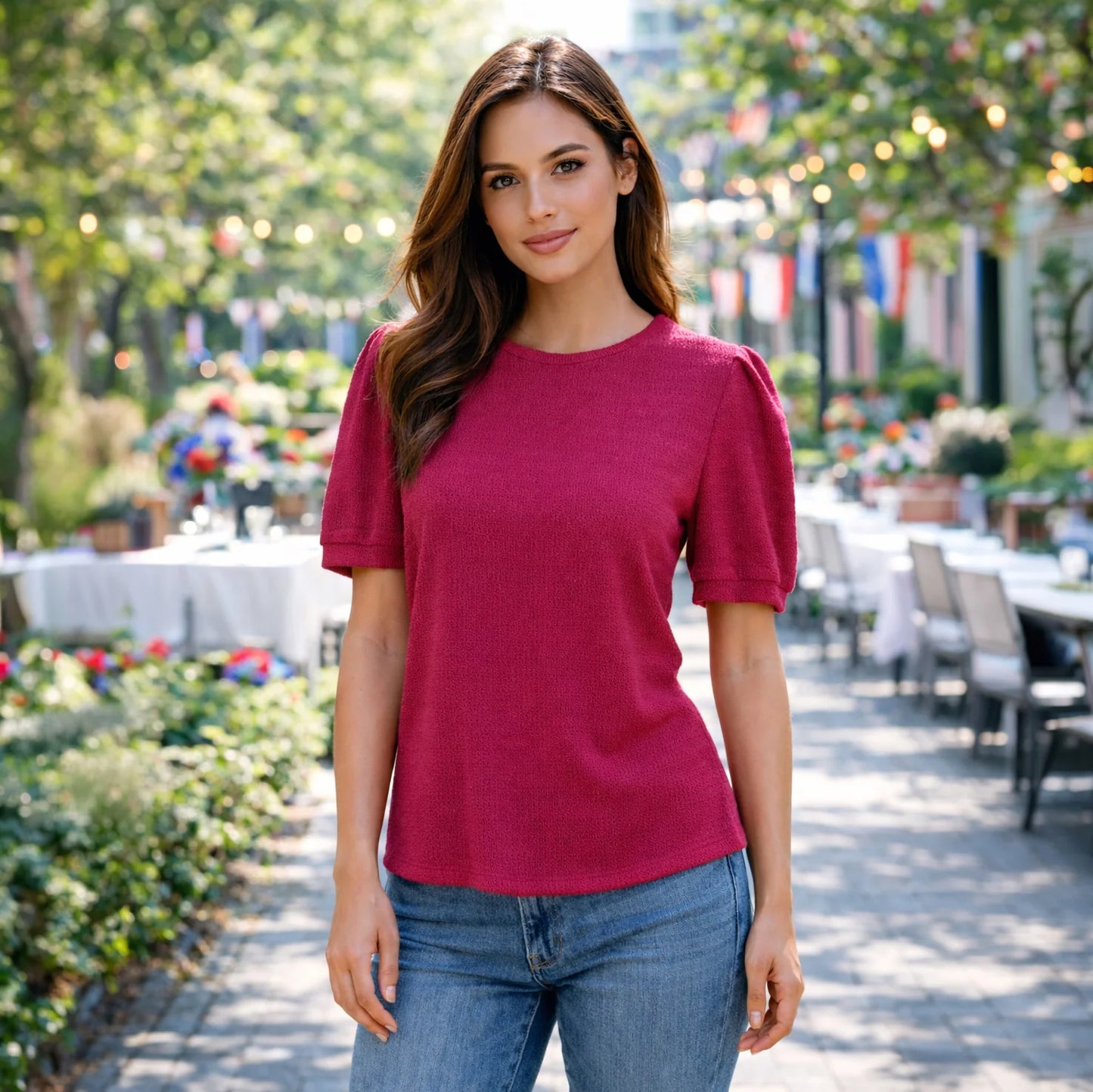 Solid Textured Top with Puffed Sleeves - Fuchsia