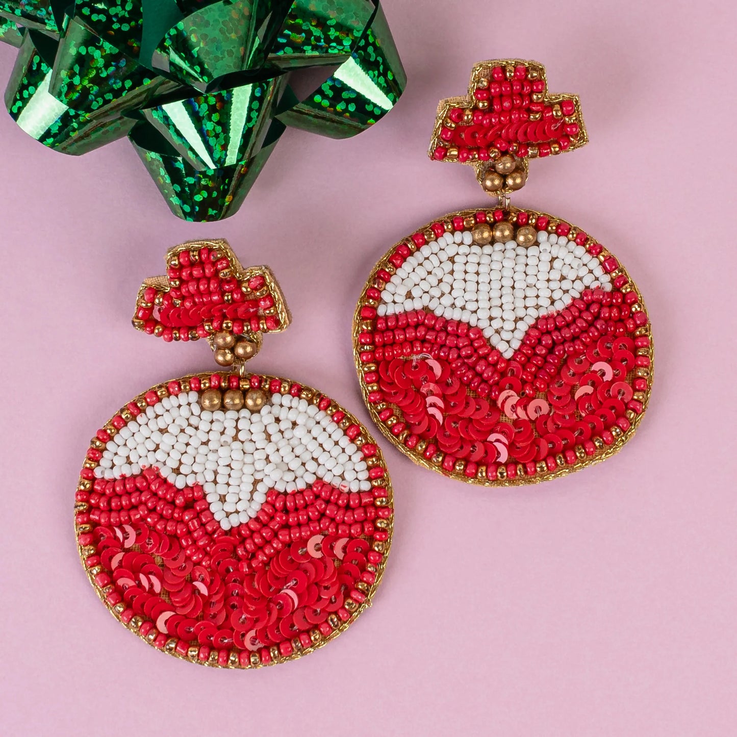 Beaded Christmas Ornament Earrings - Red